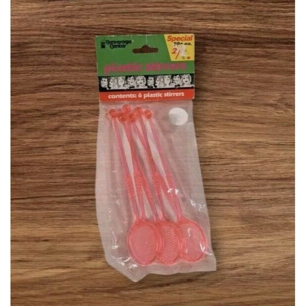 Pink Tennis Racquet Swizzle Sticks Plastic Stirrers Beverage Center Drink Vtg 6